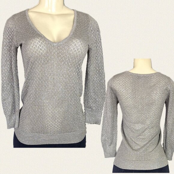 The Limited Sweaters - The Limited XS Gray Metallic V-Neck Open Weave Ribbed Trim 3/4 Sleeve Sweater